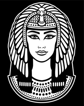 Animation portrait of the beautiful Egyptian woman. The white image isolated on a black background. Vector illustration.  Print, poster, t-shirt, tattoo.