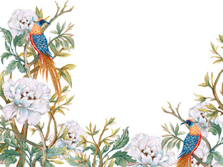 Hand drawn greeting card, calendar, planner inspired by ancient chinese Korean and Japan forest tree garden and pheasant or phoenix bird background backdrop