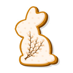 Cute Easter bunny cookie. Gingerbread with polka dots pastel glaze isolated on white background. A holiday of religion. Vector illustration