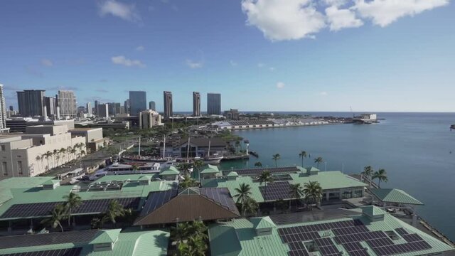 High View over Aloha Tower Marketplace (Honolulu) and Harbor in Oahu, Hawaii - Wide Slow Pan shot