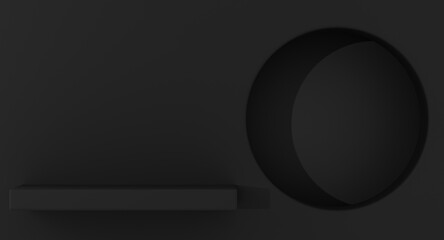 3D mock up, geometric blank background, minimal showcase round niche shape, art deco shop display, black color. 3d rendering.