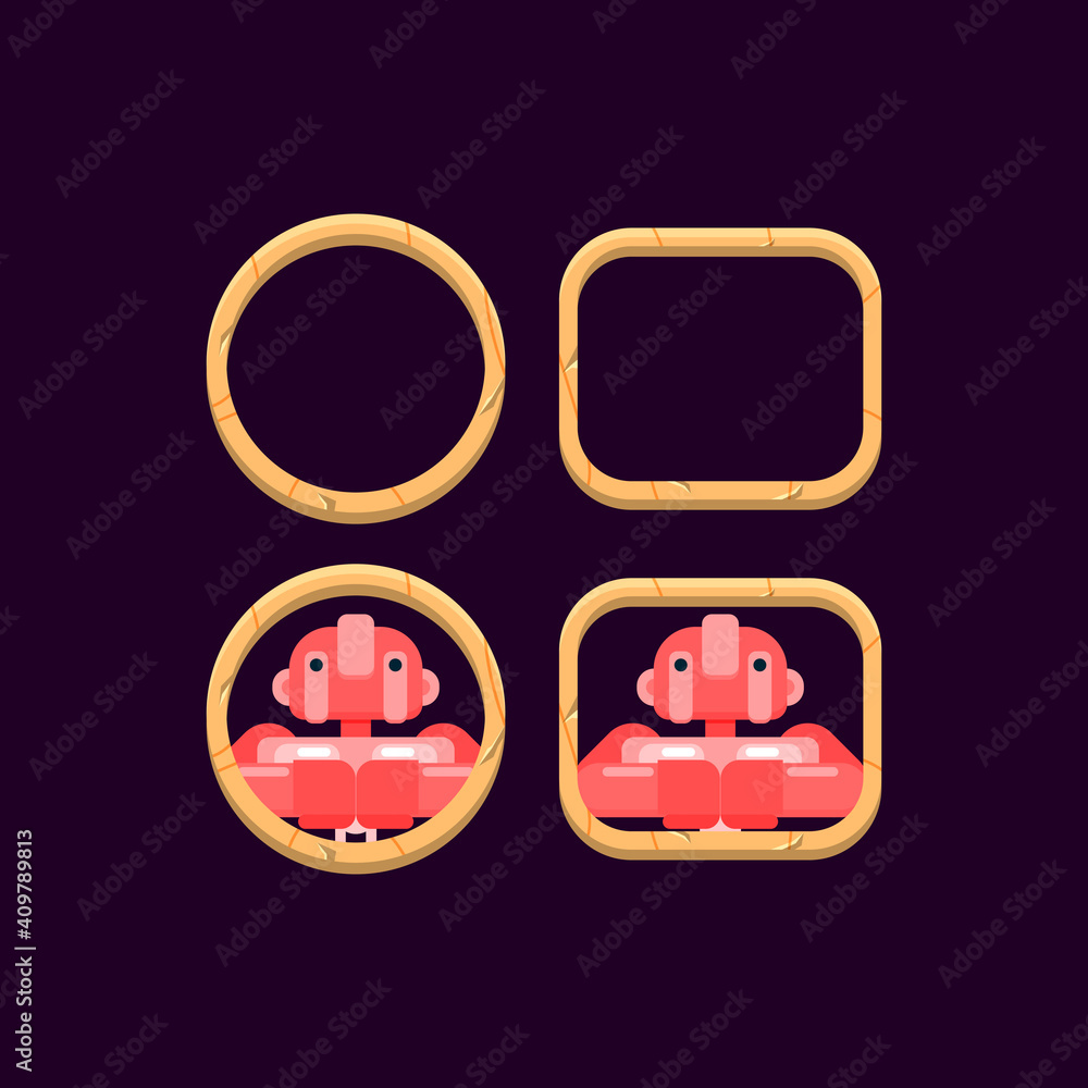 Poster set of game ui wooden border with character avatar preview vector illustration