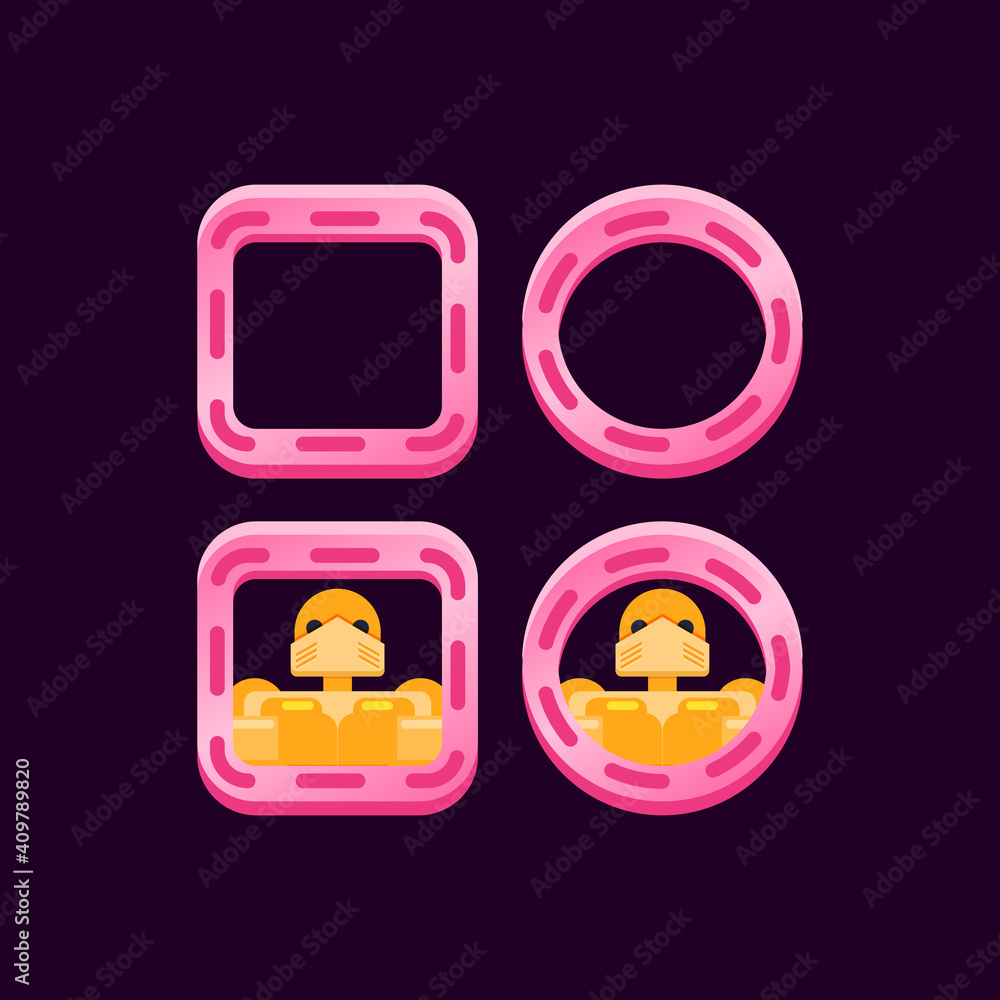 Poster set of game ui glossy pink border with character avatar preview vector illustration