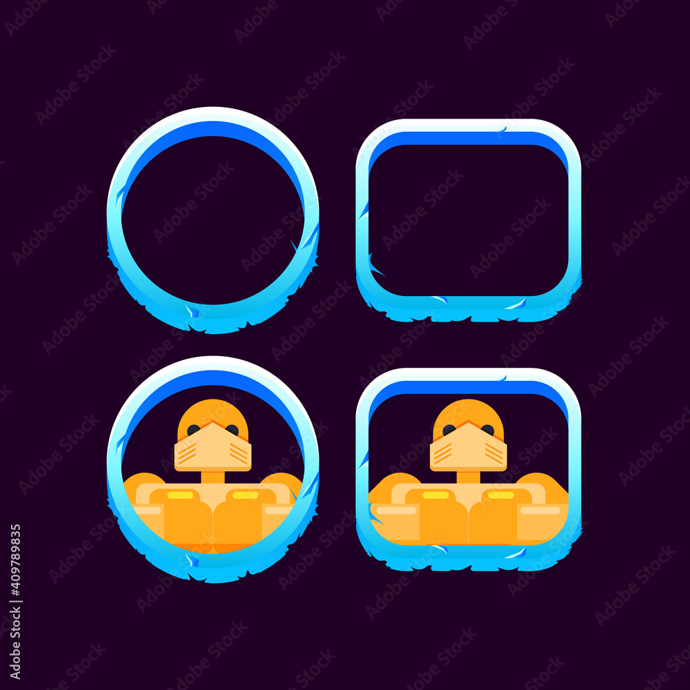 Poster set of game ui ice winter border with character avatar preview vector illustration