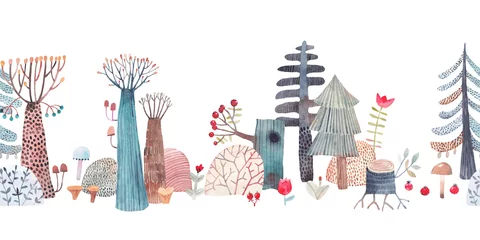 Stickers pour porte Chambre de bébé Forêt mignonne aquarelle. Motif enfantin avec des arbres, des fleurs, des champignons et des baies. Motif répétitif.