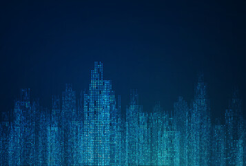 Obraz na płótnie Canvas Cityscape on dark blue background with bright glowing neon. Technology city background