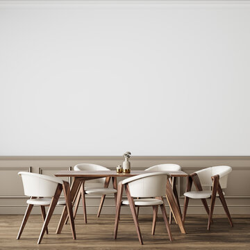Classic white interior with dining table, wall panel and chairs. 3d render illustration background mock up.