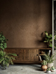 Brown interior with plants, dresser, stucco wall and decor. 3d render illustration mock up.
