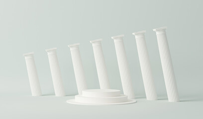 Podium pedestal in ancient Greek style. Minimal scene in pastel and white with marble colonnade and classic columns. Trendy 3d render for social media, promotion, cosmetic product show. 
