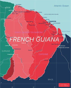 French Guiana country detailed editable map with regions cities and towns, roads and railways, geographic sites. Vector EPS-10 file