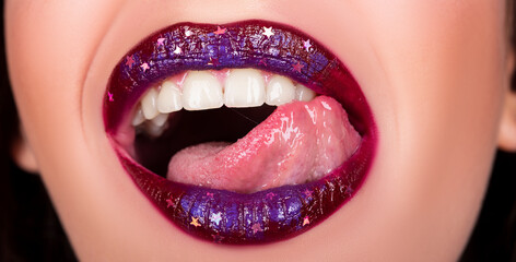Lips bright makeup. Lip, teeth, tongue.