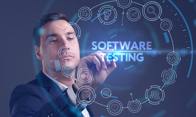 Business, Technology, Internet and network concept. Young businessman working on a virtual screen of the future and sees the inscription: Software testing