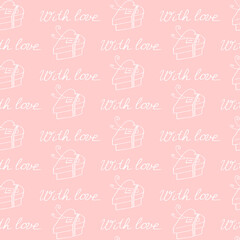 Vector seamless pattern with gift boxes in shape of heart and handwritten lettering- with love. Holiday background texture. For wrapping paper, greeting card, wedding, birthday, Valentine's Day