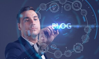 Business, Technology, Internet and network concept. Young businessman working on a virtual screen of the future and sees the inscription: Blog
