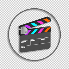 Fototapeta na wymiar Round icon with shadows. 3d open black clapperboard for movie with colored stripes. EPS10