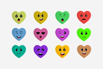 set of  cartoon funny heart shapes with different cartoon expressions vector illustration.
