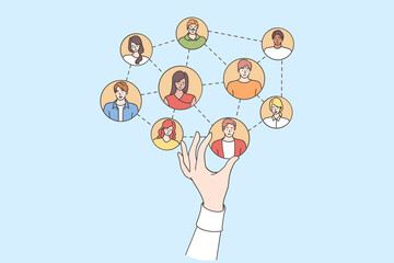 Professional recruitment and hiring concept. Human resources manager hand choosing building team members online making selection for work project team vector illustration 