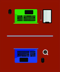 working place concept, two modern laptops with white mouses opposite to each other splitted with glassy partition-wall, flat design demonstrating social distancing at work, cup of coffee and notepad w