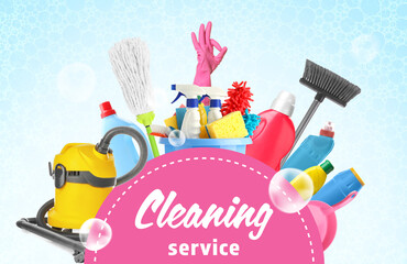 Set of cleaning supplies on color background