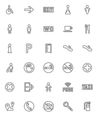 Public navigation signs line icons set. linear style symbols collection, outline signs pack. vector graphics. Set includes icons as door exit, WC, elevator, escalator stairs, parking, free wifi zone