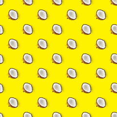 coconut Seamless pattern. Tropical abstract background with isolated Coconut on yellow background. flat lay.