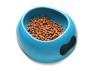 Bowl with pet food on white background