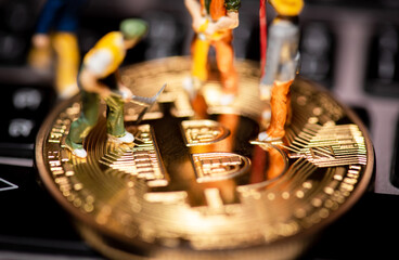 close up of Bitcoin money mining connect Internet Network 