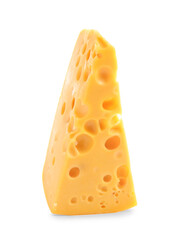 Piece of tasty cheese on white background