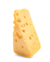 Piece of tasty cheese on white background
