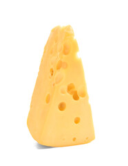 Piece of tasty cheese on white background
