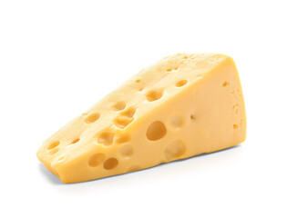 Piece of tasty cheese on white background
