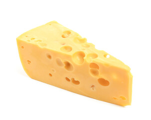 Piece of tasty cheese on white background