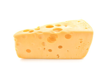 Piece of tasty cheese on white background