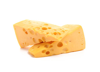 Pieces of tasty cheese on white background