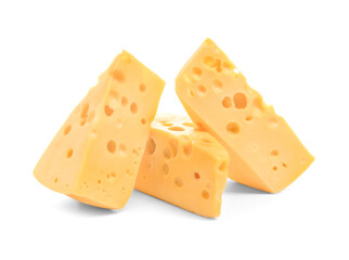 Pieces of tasty cheese on white background