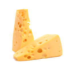Pieces of tasty cheese on white background