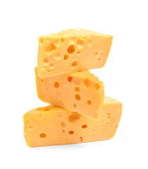 Pieces of tasty cheese on white background