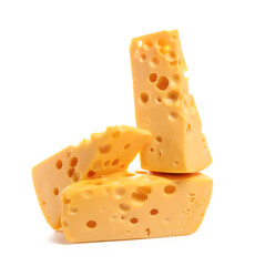 Pieces of tasty cheese on white background
