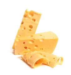 Pieces of tasty cheese on white background