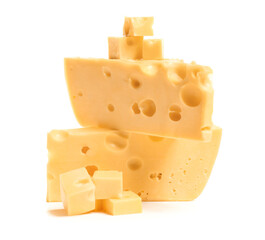 Pieces of tasty cheese on white background