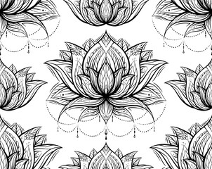 Tribal contour pattern with lotuses with decoration. Monochrome spiritual wallpaper. Water lilies with native pattern on a white background. Religious outline symbols for yoga centers.