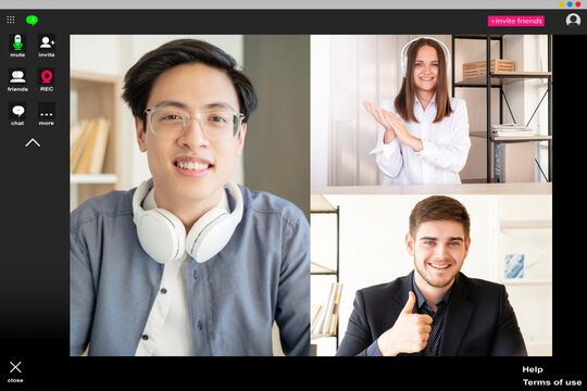 Online call. Digital conference. Business telecommuting. Remote teamwork. Satisfied executives approving Asian male employee supporting with thumb up applauding at virtual office on screen.