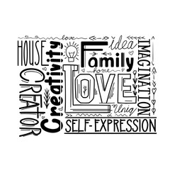 Lettering composition of different words. Human life values. Family, love and inspiration. Creativity and imagination. Black print phrase. Vector print quote with decoration for cards and print