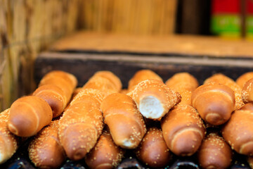 A pile of fresh baguettes at the Mahane Yehuda market in Jerusalem