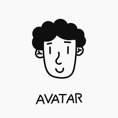 Hand drawn black and white man doodle avatar. Happy boy face for lable. Male portrait for social media and website. Person avatar in isolation on white background, profile icon