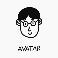 Teenage boy doodle black and white face. Happy guy with glasses profile icon. Male portrait for social media and website. Person avatar in isolation on white background