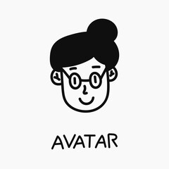Hand drawn doodle woman face. Happy isolated girl avatar for profile, black and white. Female portrait for social media and website. Person avatar in isolation on white background, profile icon