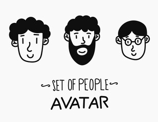 Hand drawn doodle set of men avatar. Black and white men's faces. Collection of male portraits for social media and website. Person avatar in isolation on white background, profile icon