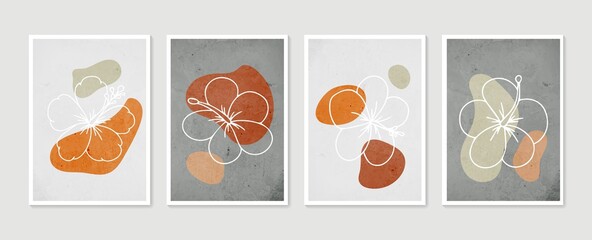 Botanical wall art vector set. Minimal and natural wall art. Boho foliage line art drawing with abstract shape. Abstract Plant Art design for print, wallpaper, cover. Modern vector illustration.