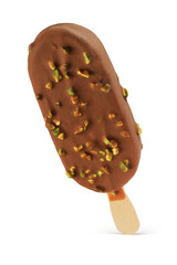 Ice cream popsicle with chocolate and pistachio nuts isolated.